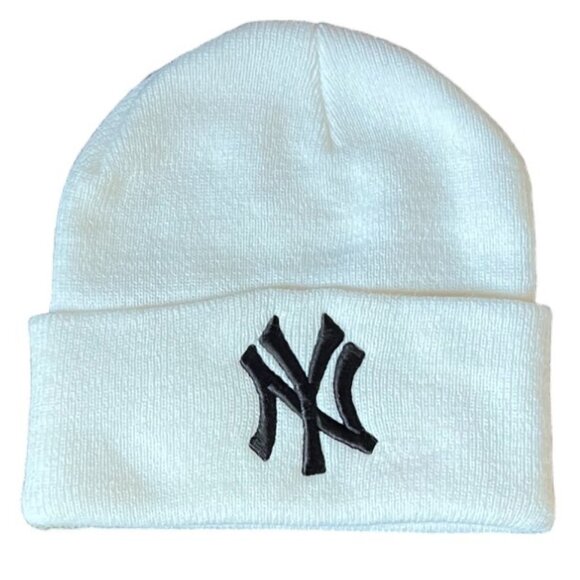 NY White Tossle Cap with Black Lettering, 8" x 8" - Picture 1 of 4